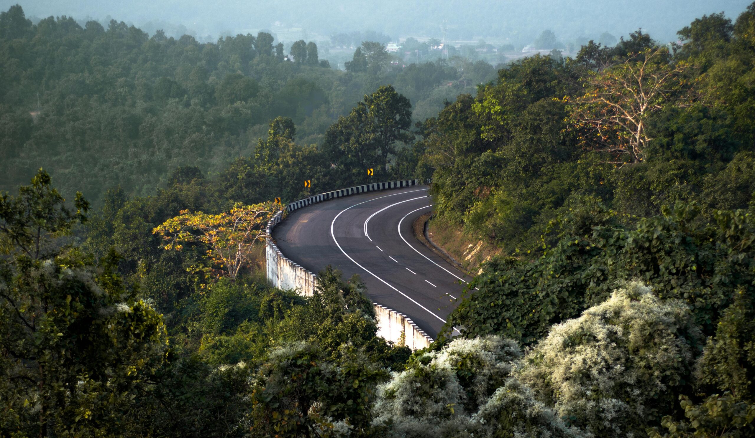 A scenic winding road through dense green forest in Ranchi, India, with vibrant foliage.