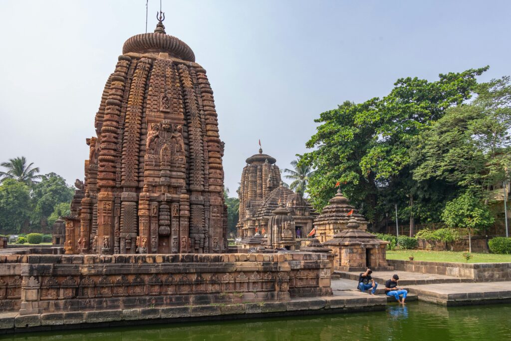 Shree Mukteswara Temple in Bhubaneswar, India, showcasing intricate architecture and serene surroundings.